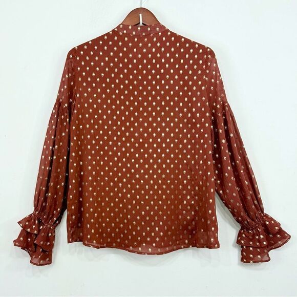 Listicle Rust Brown Gold Metallic Polka Dot Ruffle Long Sleeve Peasant Blouse - Picture 8 of 16